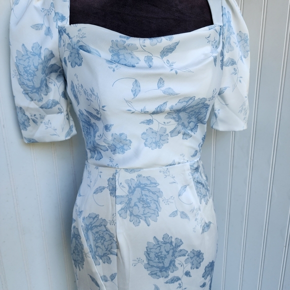 NWOT AW BRIDAL Dusty Blue White Peonies Satin Floral Mermaid Puff Sleeve Sz 0 - Picture 6 of 16